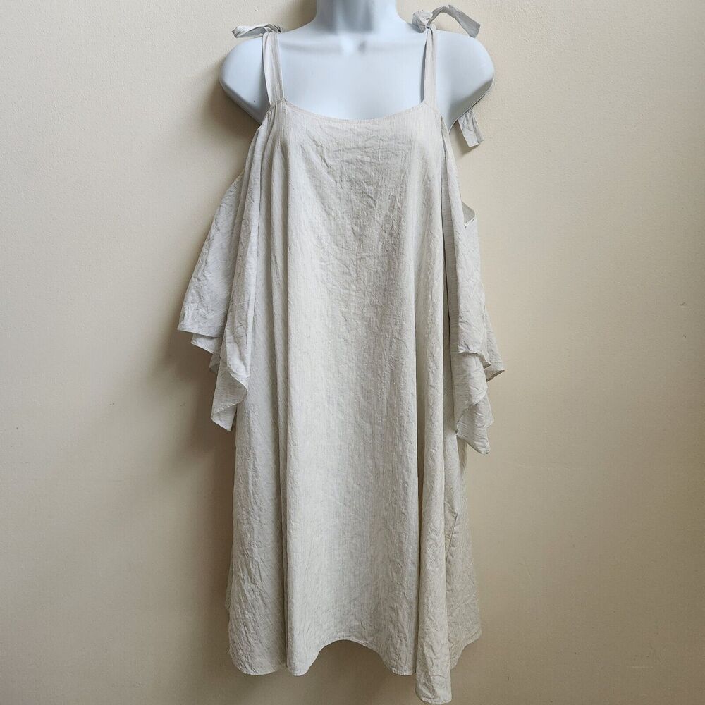 Halston Heritage Dress Women's L Tan Cold Shoulder Tied A-Line Coastal Boho Chic